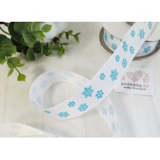 Лента репсовая 25 мм с тиснением "Снежинки" 2, цвет белый/голубой 